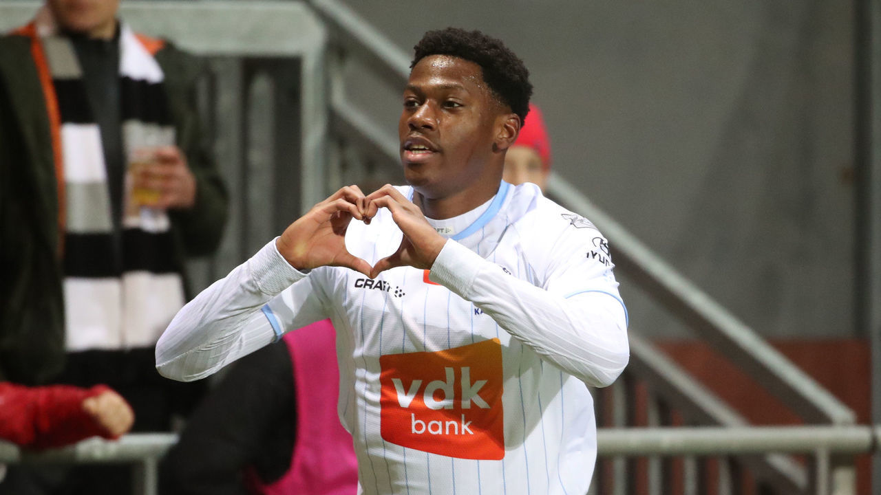 EUPEN, BELGIUM - FEBRUARY 14: Jonathan David of Kaa Gent celebrates after scoring a goal during the Jupiler Pro League match between AS Eupen and KAA Gent at Kehrwegstadion on February 14, 2020 in Eupen, Belgium.