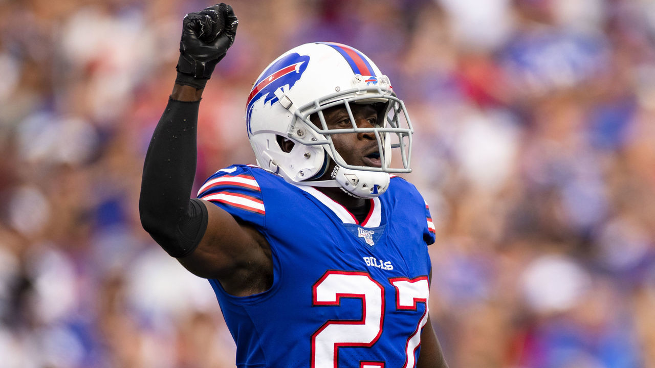 ORCHARD PARK, NY - SEPTEMBER 29: Tre'Davious White #27 of the Buffalo Bills celebrates a third down stop against the New England Patriots during the third quarter at New Era Field on September 29, 2019 in Orchard Park, New York. New England defeats Buffalo 16-10.