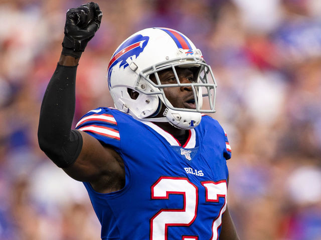 ORCHARD PARK, NY - SEPTEMBER 29: Tre'Davious White #27 of the Buffalo Bills celebrates a third down stop against the New England Patriots during the third quarter at New Era Field on September 29, 2019 in Orchard Park, New York. New England defeats Buffalo 16-10.