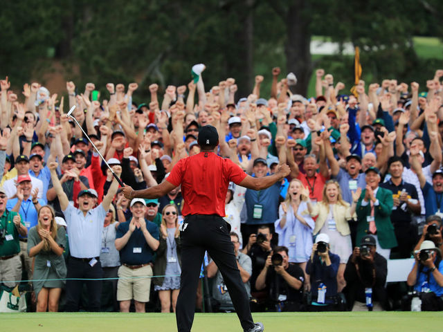 AUGUSTA, GEORGIA - APRIL 14: Tiger Woods of the United States celebrates after sinking his putt on the 18th green to win during the final round of the Masters at Augusta National Golf Club on April 14, 2019 in Augusta, Georgia.