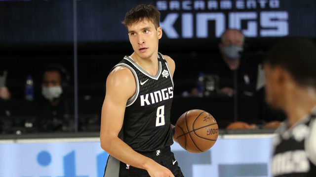 Orlando, FL - AUGUST 6: Bogdan Bogdanovic #8 of the Sacramento Kings handles the ball during the game against the New Orleans Pelicans on August 6, 2020 at The HP Field House at ESPN Wide World Of Sports Complex in Orlando, Florida. NOTE TO USER: User expressly acknowledges and agrees that, by downloading and/or using this Photograph, user is consenting to the terms and conditions of the Getty Images License Agreement. Mandatory Copyright Notice: Copyright 2020 NBAE