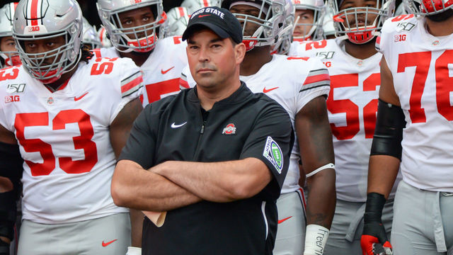 LINCOLN, NE - SEPTEMBER 28: Head coach Ryan Day of the Ohio State Buckeyes waits with his team to take the field before the game against the Nebraska Cornhuskers at Memorial Stadium on September 28, 2019 in Lincoln, Nebraska.