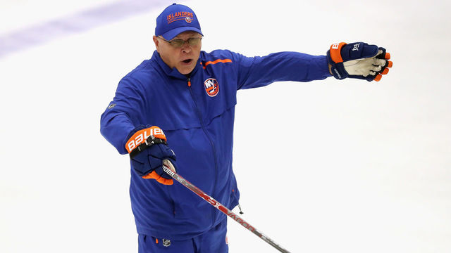 EAST MEADOW, NEW YORK - JULY 13: New York Islanders head coach Barry Trotz conducts practice at the Northwell Health Ice Center on July 13, 2020 in East Meadow, New York. This is the first practice for the team since the NHL paused it's season due to the coronavirus pandemic.