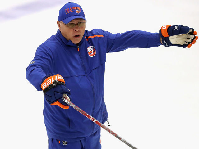 EAST MEADOW, NEW YORK - JULY 13: New York Islanders head coach Barry Trotz conducts practice at the Northwell Health Ice Center on July 13, 2020 in East Meadow, New York. This is the first practice for the team since the NHL paused it's season due to the coronavirus pandemic.