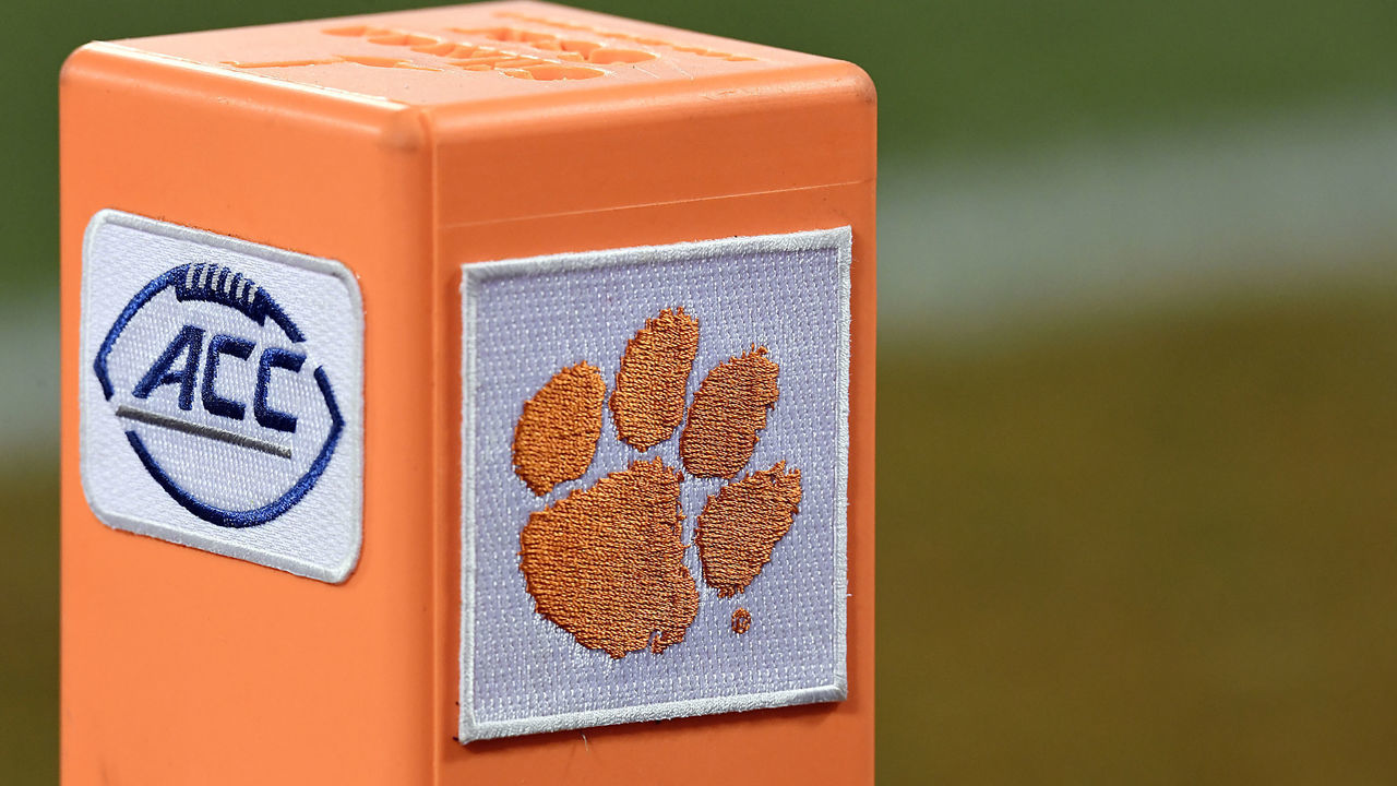 CLEMSON, SOUTH CAROLINA - AUGUST 29: A detail view of a pylon with the ACC's and Clemson Tigers' logos during the Tigers' football game against the Georgia Tech Yellow Jackets at Memorial Stadium on August 29, 2019 in Clemson, South Carolina.