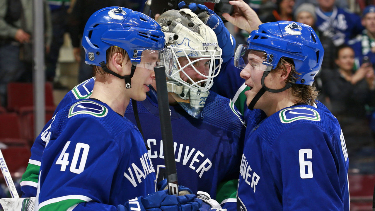 VANCOUVER, BC - OCTOBER 29: Brock Boeser #6 of the Vancouver Canucks congratulates teammates Elias Pettersson #40 and Jacob Markstrom #25 during their NHL game against the Minnesota Wild at Rogers Arena October 29, 2018 in Vancouver, British Columbia, Canada. Vancouver won 5-2.