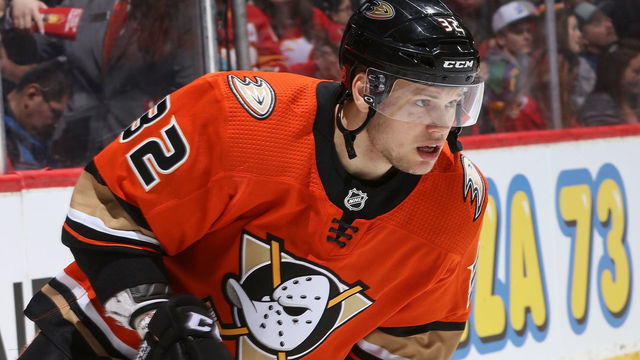 CALGARY, AB - FEBRUARY 17: Jacob Larsson #32 of the Anaheim Ducks skates in his 100th NHL game against the Calgary Flames on February 17, 2020 at the Scotiabank Saddledome in Calgary, Alberta, Canada.