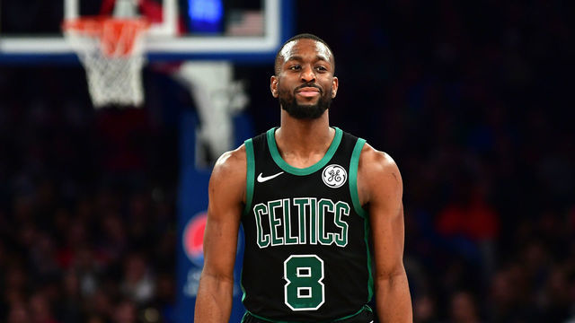NEW YORK, NEW YORK - OCTOBER 26: Kemba Walker #8 of the Boston Celtics reacts during the second half of their game against the New York Knicks at Madison Square Garden on October 26, 2019 in New York City.