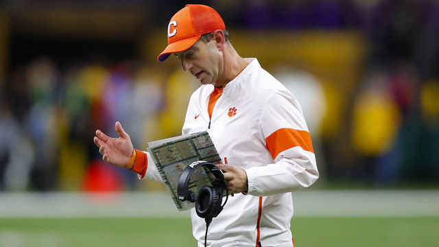 NEW ORLEANS, LA - JANUARY 13: Clemson Tigers head coach Dabo Swinney reacts during the first half of the College Football Playoff National Championship Game between the LSU Tigers and the Clemson Tigers on January 13, 2020 in New Orleans LA.