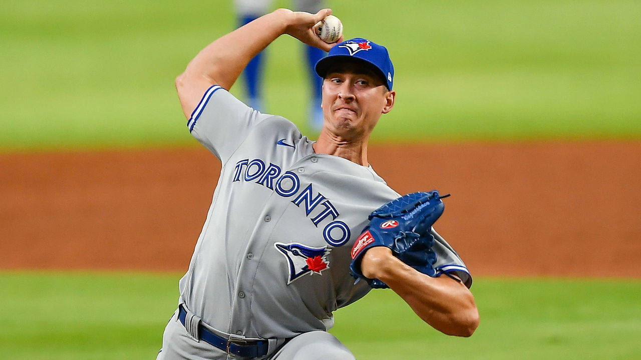 ATLANTA, GA AUGUST 01: Toronto Blue Jays pitcher Jacob Waguespack (62) throws a pitch during the MLB game between the Toronto Blue Jays and the Atlanta Braves on August 4th, 2020 at Truist Park in Atlanta, GA.