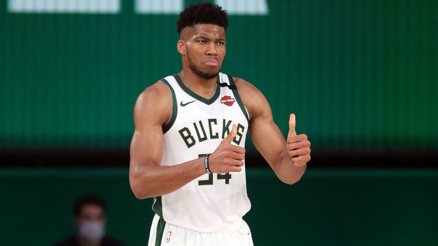 Orlando, FL - AUGUST 4: Giannis Antetokounmpo #34 of the Milwaukee Bucks reacts to a play during the game against the Brooklyn Nets on August 4, 2020 at The Visa Athletic Center at ESPN Wide World Of Sports Complex in Orlando, Florida. NOTE TO USER: User expressly acknowledges and agrees that, by downloading and/or using this Photograph, user is consenting to the terms and conditions of the Getty Images License Agreement. Mandatory Copyright Notice: Copyright 2020 NBAE
