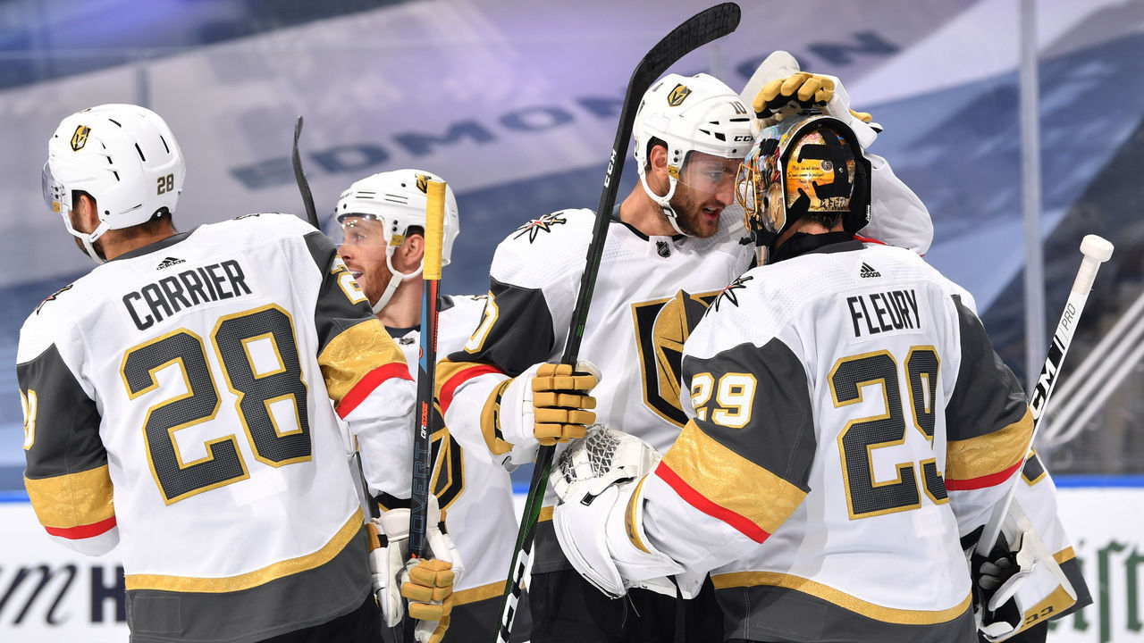 EDMONTON, ALBERTA - AUGUST 06: Nicolas Roy #10 of the Vegas Golden Knights celebrates defeating the St. Louis Blues 6-4 with goaltender Marc-Andre Fleury #29 after the Western Conference Round Robin game during the 2020 NHL Stanley Cup Playoff at Rogers Place on August 06, 2020 in Edmonton, Alberta.