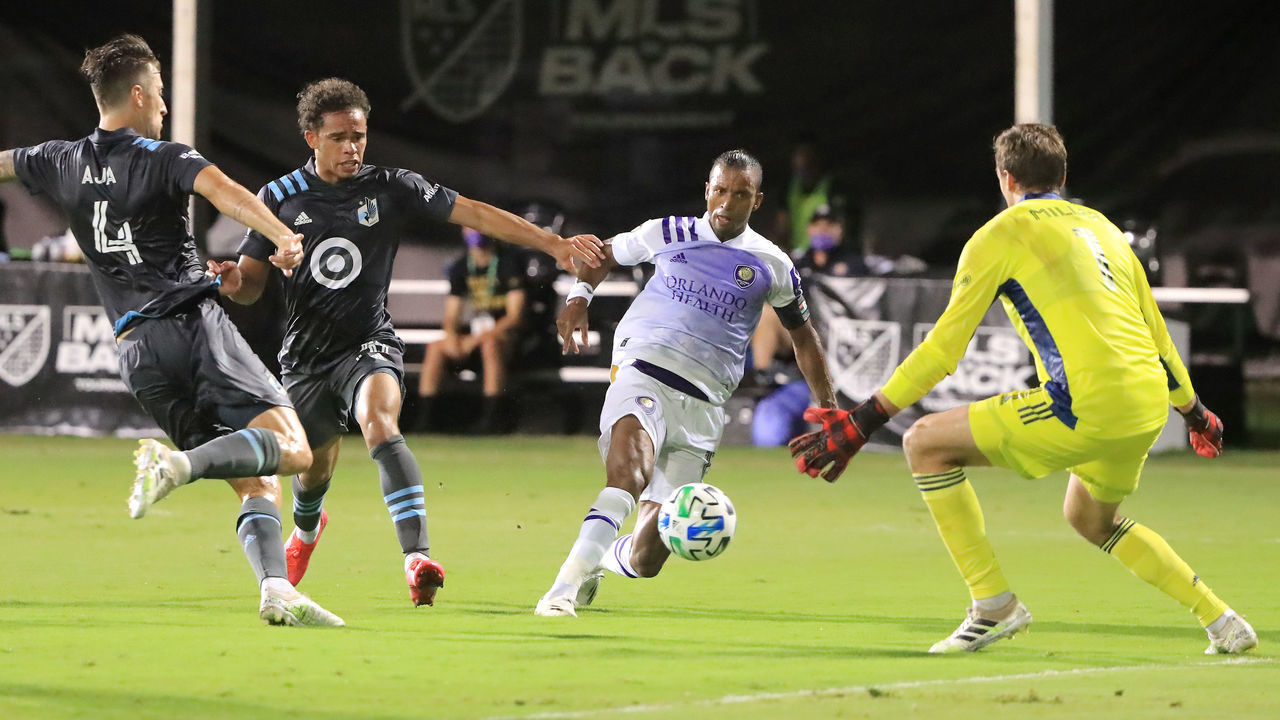REUNION, FLORIDA - AUGUST 06: Nani #17 of Orlando City shoots to score the first goal of a semifinal match of MLS Is Back Tournament between Orlando City and Minnesota United at ESPN Wide World of Sports Complex on August 06, 2020 in Reunion, Florida.