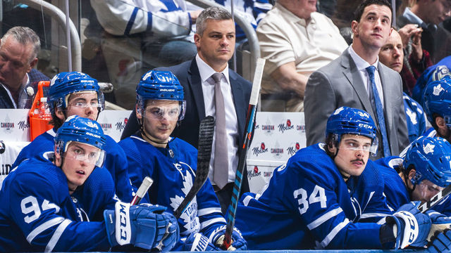 TORONTO, ON - FEBRUARY 29: Sheldon Keefe head coach of the Toronto Maple Leafs skates looks on from the bench against the Vancouver Canucks during the first period at the Scotiabank Arena on February 29, 2020 in Toronto, Ontario, Canada.