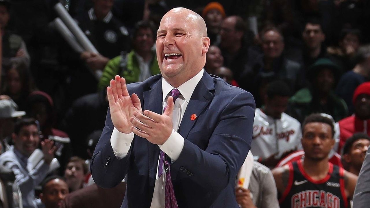BROOKLYN, NY - MARCH 8: Jim Boylen of the Chicago Bulls smiles during the game on March 8, 2020 at Barclays Center in Brooklyn, New York. Mandatory Copyright Notice: Copyright 2020 NBAE