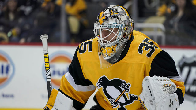 PITTSBURGH, PA - MARCH 08: Pittsburgh Penguins Goalie Tristan Jarry (35) tends net during the second period in the NHL game between the Pittsburgh Penguins and the Carolina Hurricanes on March 8, 2020, at PPG Paints Arena in Pittsburgh, PA.