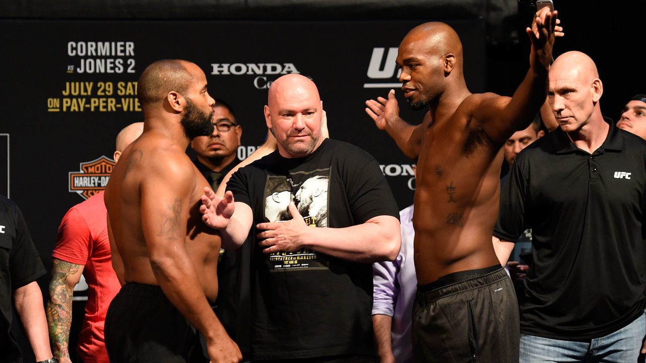ANAHEIM, CA - JULY 28: (L-R) Daniel Cormier and Jon Jones face off during the UFC 214 weigh-in inside the Honda Center on July 28, 2017 in Anaheim, California.