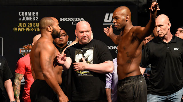 ANAHEIM, CA - JULY 28: (L-R) Daniel Cormier and Jon Jones face off during the UFC 214 weigh-in inside the Honda Center on July 28, 2017 in Anaheim, California.
