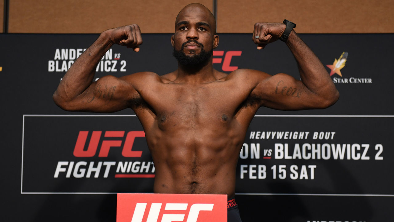 ALBUQUERQUE, NEW MEXICO - FEBRUARY 14: Corey Anderson poses on the scale during the official UFC weigh-in at the Albuquerque Marriott Pyramid North on February 14, 2020 in Albuquerque, New Mexico.