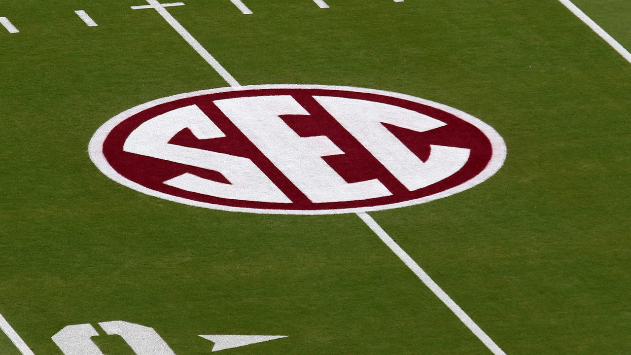 STARKVILLE, MS - OCTOBER 19: The SEC logo is painted on the field for the game between the LSU Tigers and the Mississippi State Bulldogs on October 19, 2019 at Davis Wade Stadium in Starkville, Mississippi.