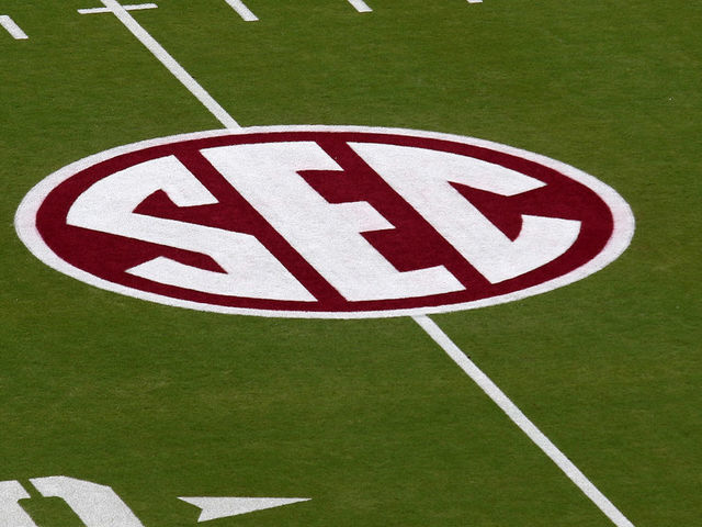 STARKVILLE, MS - OCTOBER 19: The SEC logo is painted on the field for the game between the LSU Tigers and the Mississippi State Bulldogs on October 19, 2019 at Davis Wade Stadium in Starkville, Mississippi.