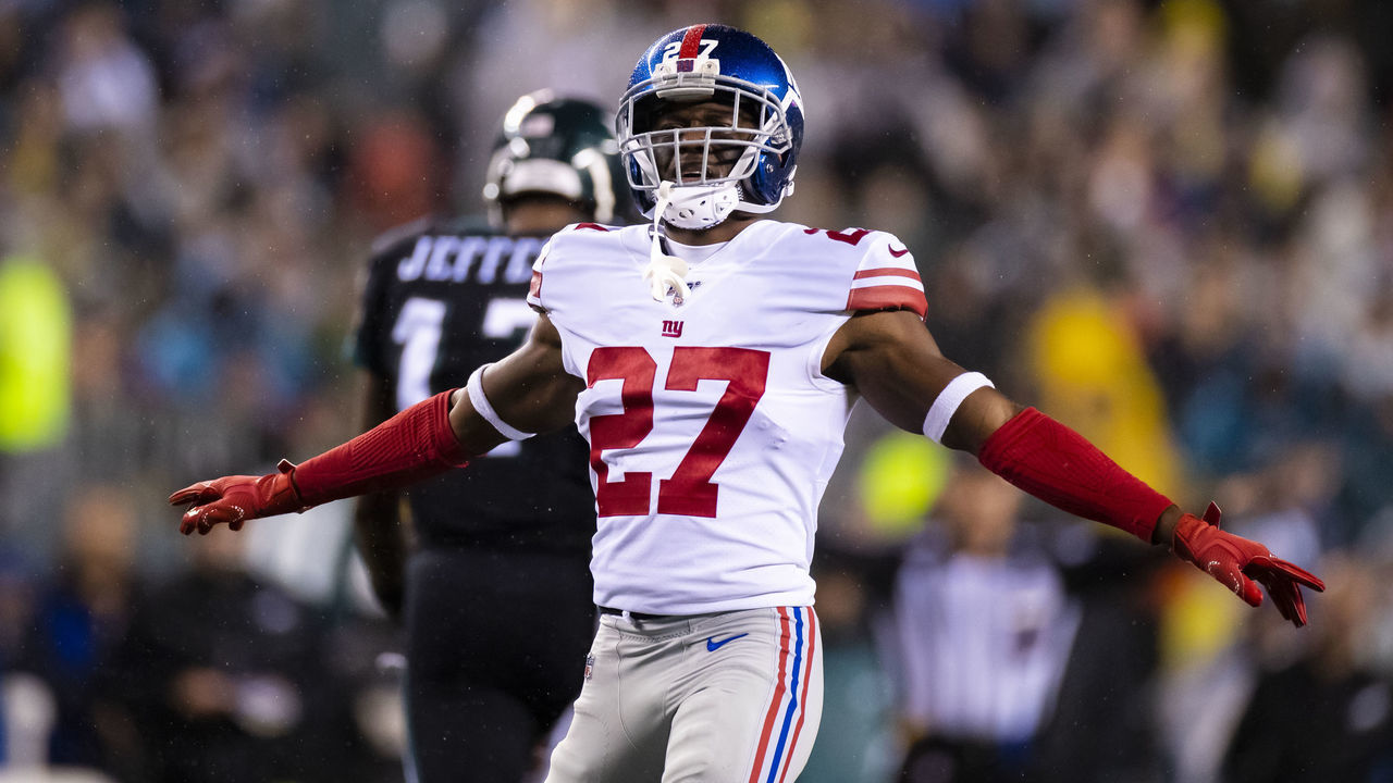 PHILADELPHIA, PA - DECEMBER 09: Deandre Baker #27 of the New York Giants celebrates breaking up a pass intended for Alshon Jeffery #17 of the Philadelphia Eagles during the first quarter at Lincoln Financial Field on December 9, 2019 in Philadelphia, Pennsylvania.