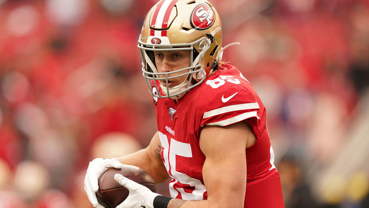 SANTA CLARA, CALIFORNIA - JANUARY 19: George Kittle #85 of the San Francisco 49ers warms up prior to their game against the Green Bay Packers in the NFC Championship game at Levi's Stadium on January 19, 2020 in Santa Clara, California.