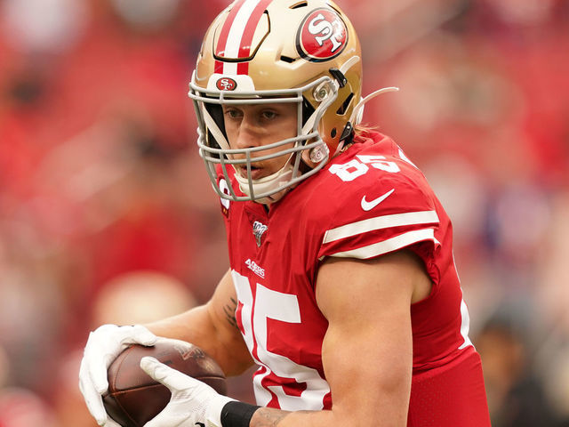 SANTA CLARA, CALIFORNIA - JANUARY 19: George Kittle #85 of the San Francisco 49ers warms up prior to their game against the Green Bay Packers in the NFC Championship game at Levi's Stadium on January 19, 2020 in Santa Clara, California.