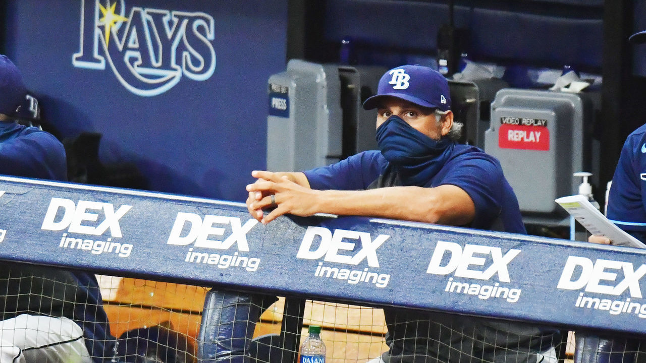 ST PETERSBURG, FLORIDA - JULY 28: Manager Kevin Cash of the Tampa Bay Rays looks on during the eighth inning against the Atlanta Braves at Tropicana Field on July 28, 2020 in St Petersburg, Florida.