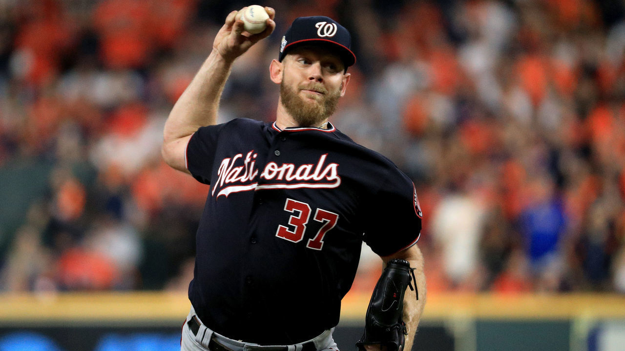 HOUSTON, TEXAS - OCTOBER 29: Stephen Strasburg #37 of the Washington Nationals delivers the pitch against the Houston Astros during the second inning in Game Six of the 2019 World Series at Minute Maid Park on October 29, 2019 in Houston, Texas.