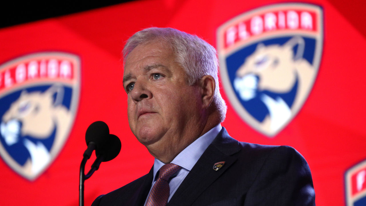 VANCOUVER, BRITISH COLUMBIA - JUNE 21: General manager Dale Tallon of the Florida Panthers speaks onstage during the first round of the 2019 NHL Draft at Rogers Arena on June 21, 2019 in Vancouver, Canada.