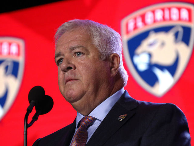 VANCOUVER, BRITISH COLUMBIA - JUNE 21: General manager Dale Tallon of the Florida Panthers speaks onstage during the first round of the 2019 NHL Draft at Rogers Arena on June 21, 2019 in Vancouver, Canada.