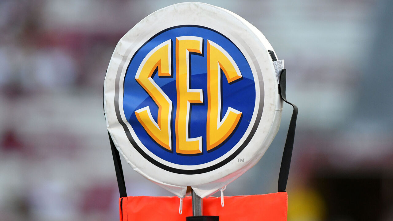 COLUMBIA, SC - SEPTEMBER 14: A SEC logo sits on top the first down yard marker during the game between the Alabama Crimson Tide and the South Carolina Gamecocks on September 14, 2019 at Williams-Brice Stadium in Columbia,SC.