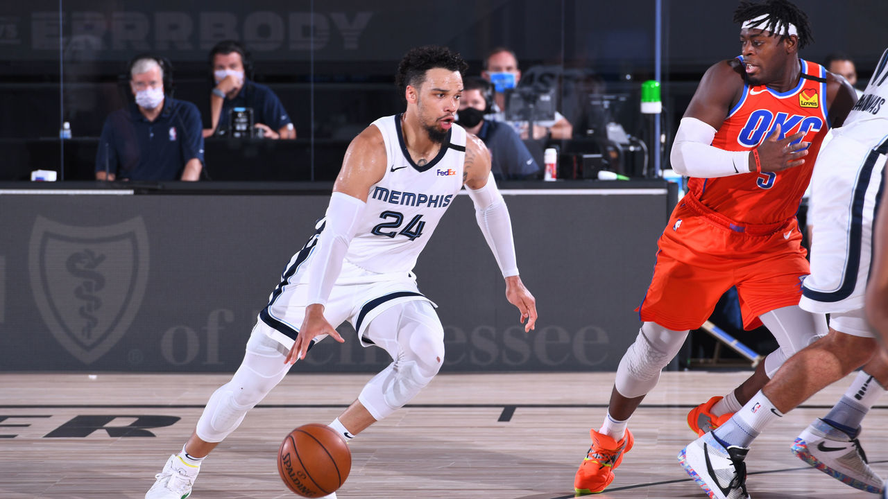 ORLANDO, FL - AUGUST 7: Dillon Brooks #24 of the Memphis Grizzlies drives to the basket against the Oklahoma City Thunder on August 7, 2020 at Visa Athletic Center at ESPN Wide World of Sports Complex in Orlando, Florida. Mandatory Copyright Notice: Copyright 2020 NBAE