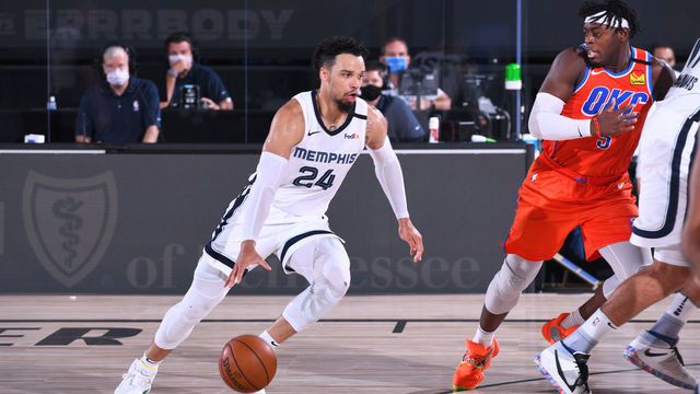 ORLANDO, FL - AUGUST 7: Dillon Brooks #24 of the Memphis Grizzlies drives to the basket against the Oklahoma City Thunder on August 7, 2020 at Visa Athletic Center at ESPN Wide World of Sports Complex in Orlando, Florida. Mandatory Copyright Notice: Copyright 2020 NBAE