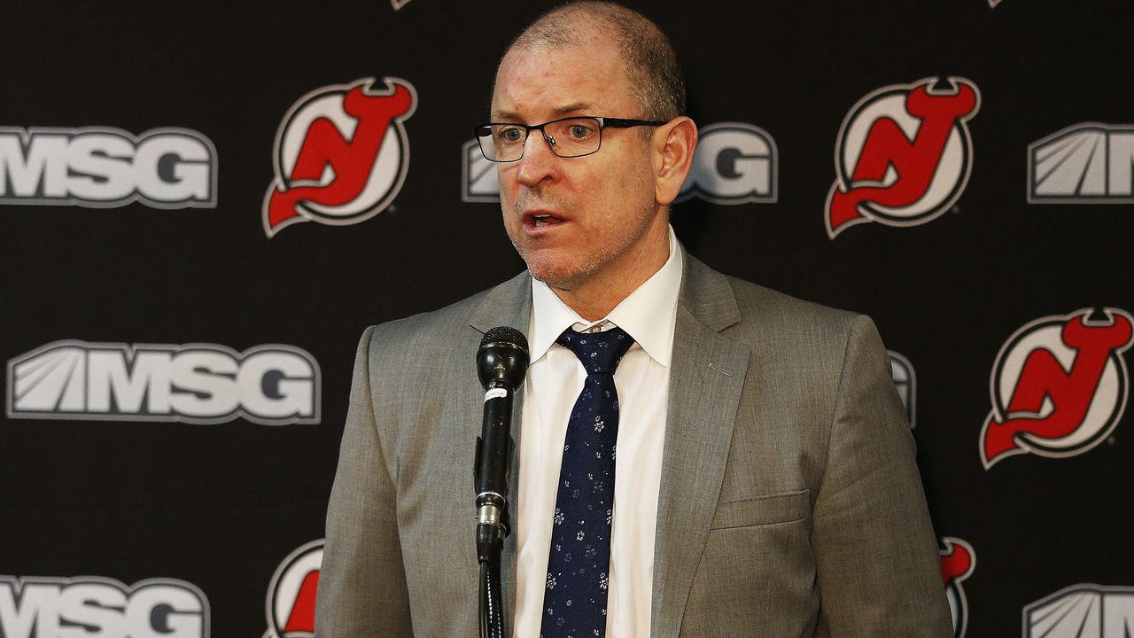NEWARK, NJ - FEBRUARY 16: New Jersey Devils Interim general manager Tom Fitzgerald addresses the media after the Devils traded Blake Coleman prior to the game against the Columbus Blue Jackets at the Prudential Center on February 16, 2020 in Newark, New Jersey.