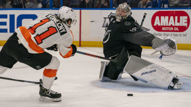 TAMPA, FL - FEBRUARY 15: Tampa Bay Lightning goaltender Andrei Vasilevskiy (88) makes a save 1v1 vs Philadelphia Flyers right wing Travis Konecny (11) during the NHL Hockey match between the Lightning and Flyers on February 15, 2020 at Amalie Arena in Tampa, FL.