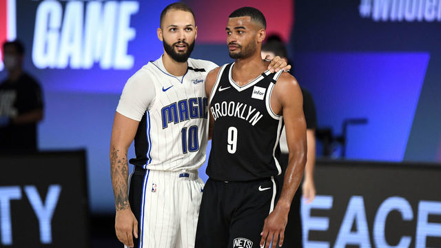 Orlando, FL - JULY 31: Evan Fournier #10 of the Orlando Magic and Timothe Luwawu-Cabarrot #9 of the Brooklyn Nets talk during the game on July 31, 2020 at The HP Field House at ESPN Wide World Of Sports Complex in Orlando, Florida. NOTE TO USER: User expressly acknowledges and agrees that, by downloading and/or using this Photograph, user is consenting to the terms and conditions of the Getty Images License Agreement. Mandatory Copyright Notice: Copyright 2020 NBAE