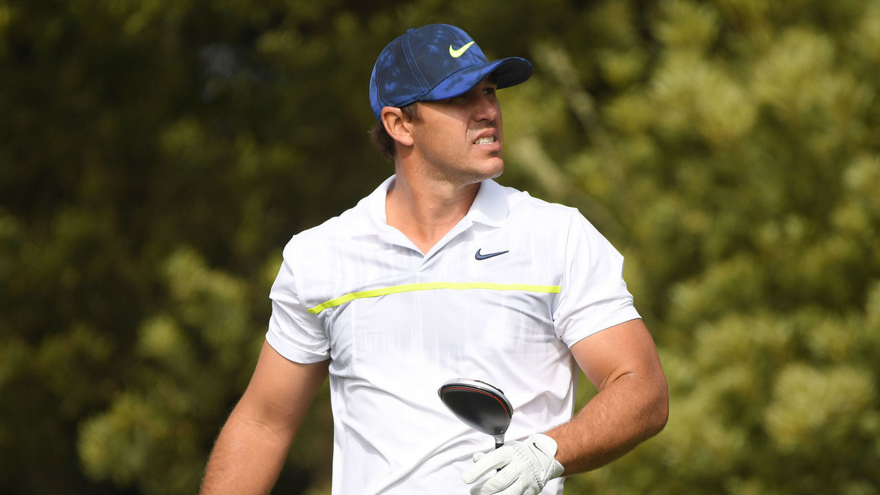 SAN FRANCISCO, CALIFORNIA - AUGUST 07: Brooks Koepka of the United States reacts after playing his shot from the 12th tee during the second round of the 2020 PGA Championship at TPC Harding Park on August 07, 2020 in San Francisco, California.
