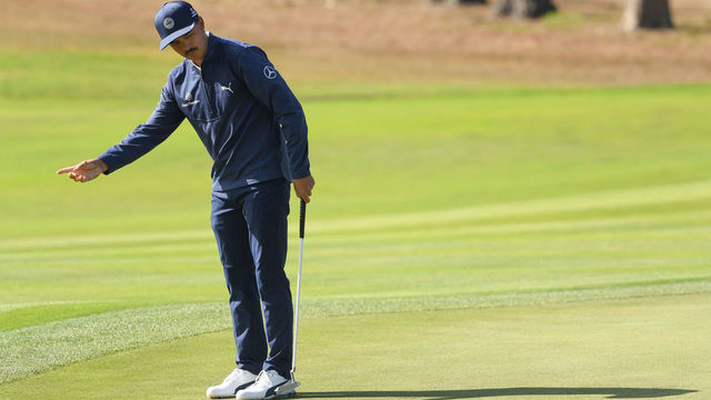 SAN FRANCISCO, CALIFORNIA - AUGUST 07: Rickie Fowler of the United States reacts after missing a birdie putt on the 14th green during the second round of the 2020 PGA Championship at TPC Harding Park on August 07, 2020 in San Francisco, California.