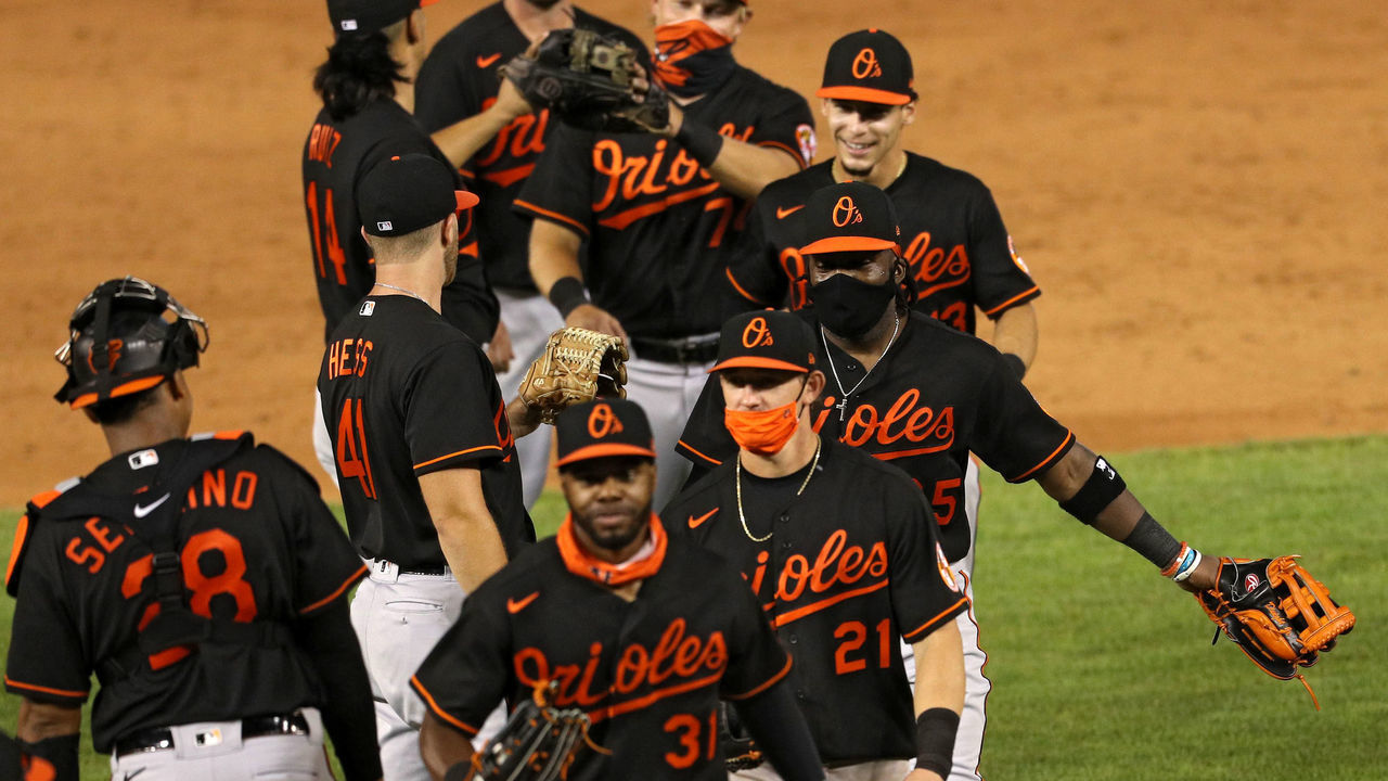WASHINGTON, DC - AUGUST 07: The Baltimore Orioles celebrate after defeating the Washington Nationals at Nationals Park on August 07, 2020 in Washington, DC.