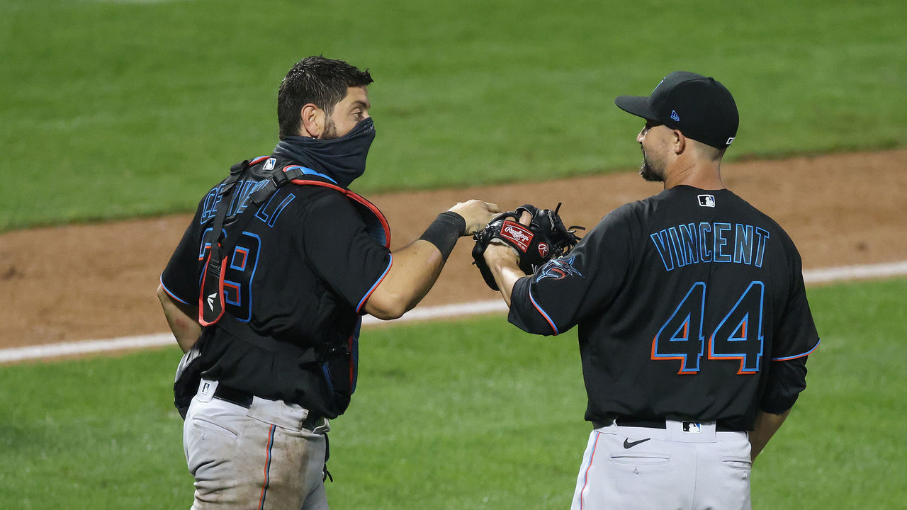 NEW YORK, NEW YORK - AUGUST 07: Francisco Cervelli #29 and Nick Vincent #44 of the Miami Marlins celebrate a 4-3 win against the New York Mets during their game at Citi Field on August 07, 2020 in New York City.