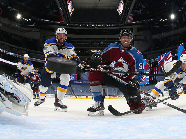 EDMONTON, ALBERTA - AUGUST 02: Nazem Kadri #91 of the Colorado Avalanche reacts as the puck bounces back out of the net for a goal with less than one second remaining in the third period of the Round Robin game against the St. Louis Blues during the 2020 NHL Stanley Cup Playoff at Rogers Place on August 02, 2020 in Edmonton, Alberta. The Avalanche defeated the Blues 2-1.
