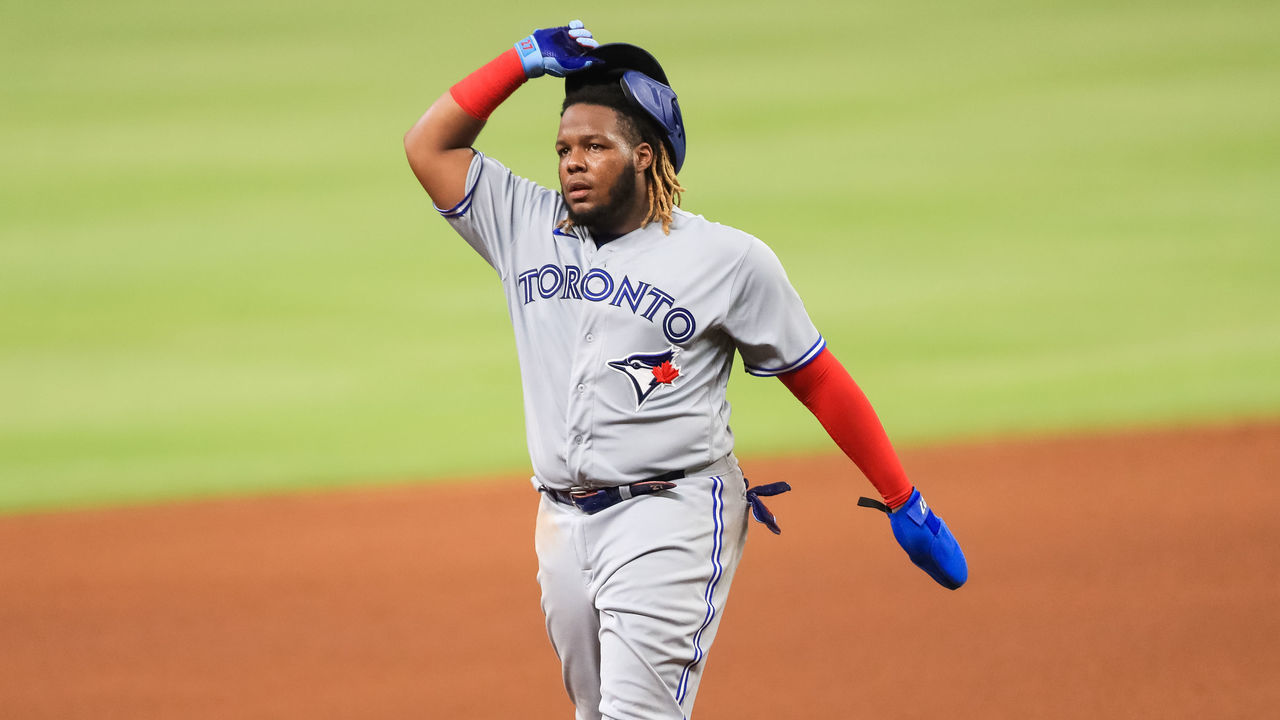 ATLANTA, GA - AUGUST 4: Vladimir Guerrero Jr. #27 of the Toronto Blue Jays in action during a game against the Atlanta Braves at Truist Park on August 4, 2020 in Atlanta, Georgia.