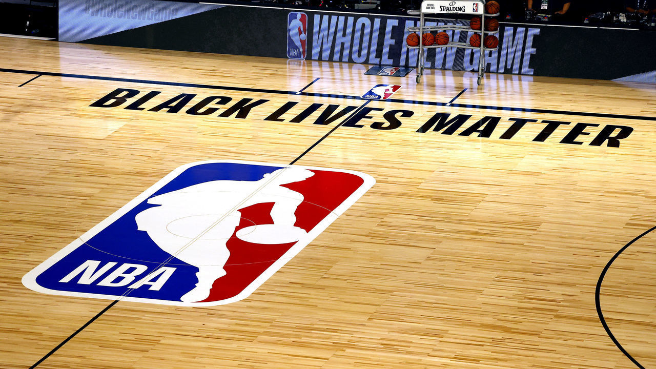 LAKE BUENA VISTA, FLORIDA - AUGUST 01: An overview of the basketball court shows the NBA logo and Black Lives Matter before the start of a game between the Denver Nuggets and the Miami Heat at HP Field House at ESPN Wide World Of Sports Complex on August 01, 2020 in Lake Buena Vista, Florida.