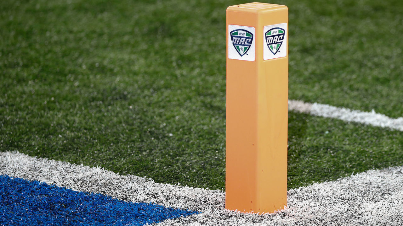 DETROIT, MI - DECEMBER 07: A general view of the end zone marker with the MAC logo is seen during the Mid-American Conference championship game between the Miami (Ohio) RedHawks and the Central Michigan Chippewas on December 7, 2019 at Ford Field in Detroit, Michigan. Miami (Ohio) defeated Central Michigan 26-21.