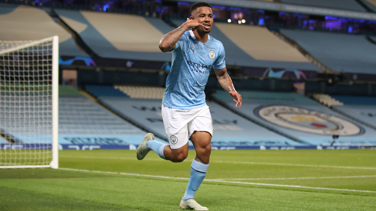 MANCHESTER, ENGLAND - AUGUST 07: Gabriel Jesus of Manchester City celebrates after scoring his team's second goal during the UEFA Champions League round of 16 second leg match between Manchester City and Real Madrid at Etihad Stadium on August 07, 2020 in Manchester, England.
