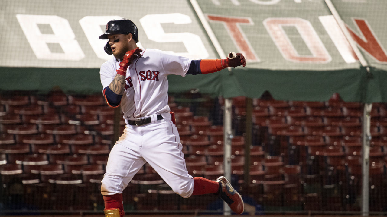 BOSTON, MA - AUGUST 7: Alex Verdugo #99 of the Boston Red Sox reacts after hitting a solo home run during the eighth inning of a game against the Toronto Blue Jays on August 7, 2020 at Fenway Park in Boston, Massachusetts. It was his second home run of the game. The 2020 season had been postponed since March due to the COVID-19 pandemic.