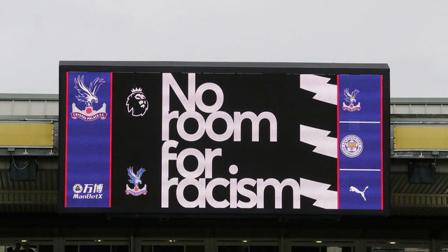LONDON, ENGLAND - NOVEMBER 03: No room for racism is displayed on the screen during the Premier League match between Crystal Palace and Leicester City at Selhurst Park on November 03, 2019 in London, United Kingdom.