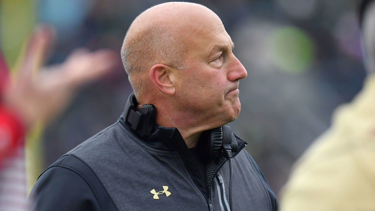 SOUTH BEND, IN - NOVEMBER 23: Boston College Eagles head coach Steve Addazio looks on in game action during a game between the Notre Dame Fighting Irish and the Boston College Eagles on November 23, 2019, at Notre Dame Stadium in South Bend, IL.